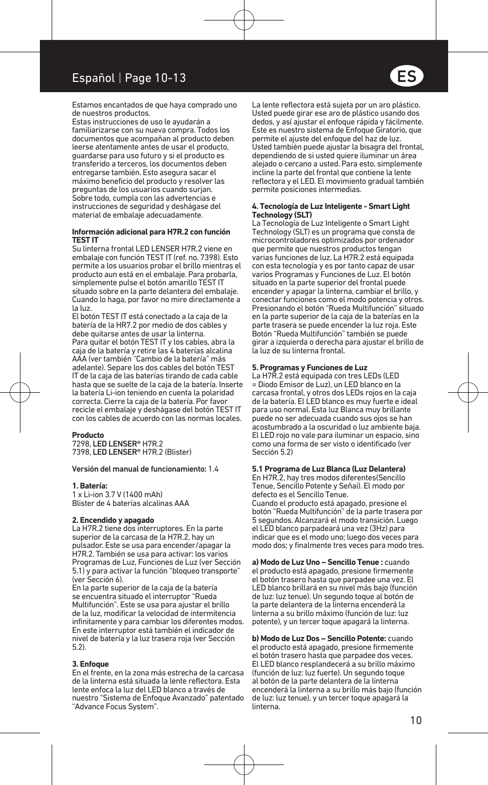 Español | page 10-13 | LED LENSER H7R.2 User Manual | Page 11 / 50 |  Original mode