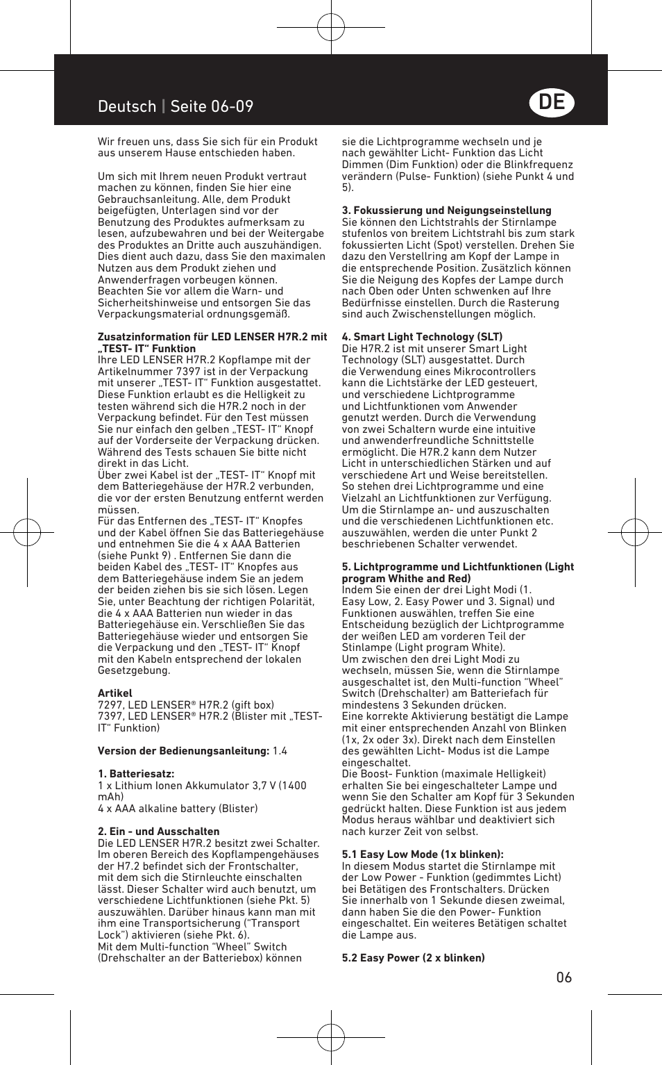 Deutsch | seite 06-09 | LED LENSER H7R.2 User Manual | Page 7 / 50 |  Original mode