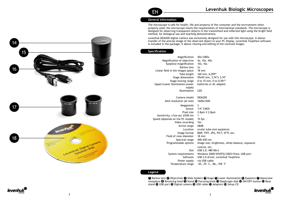 Levenhuk D50L NG Digital Microscope User Manual | Page 3 / 23 | Also for:  50L NG Microscope, 40L NG Microscope