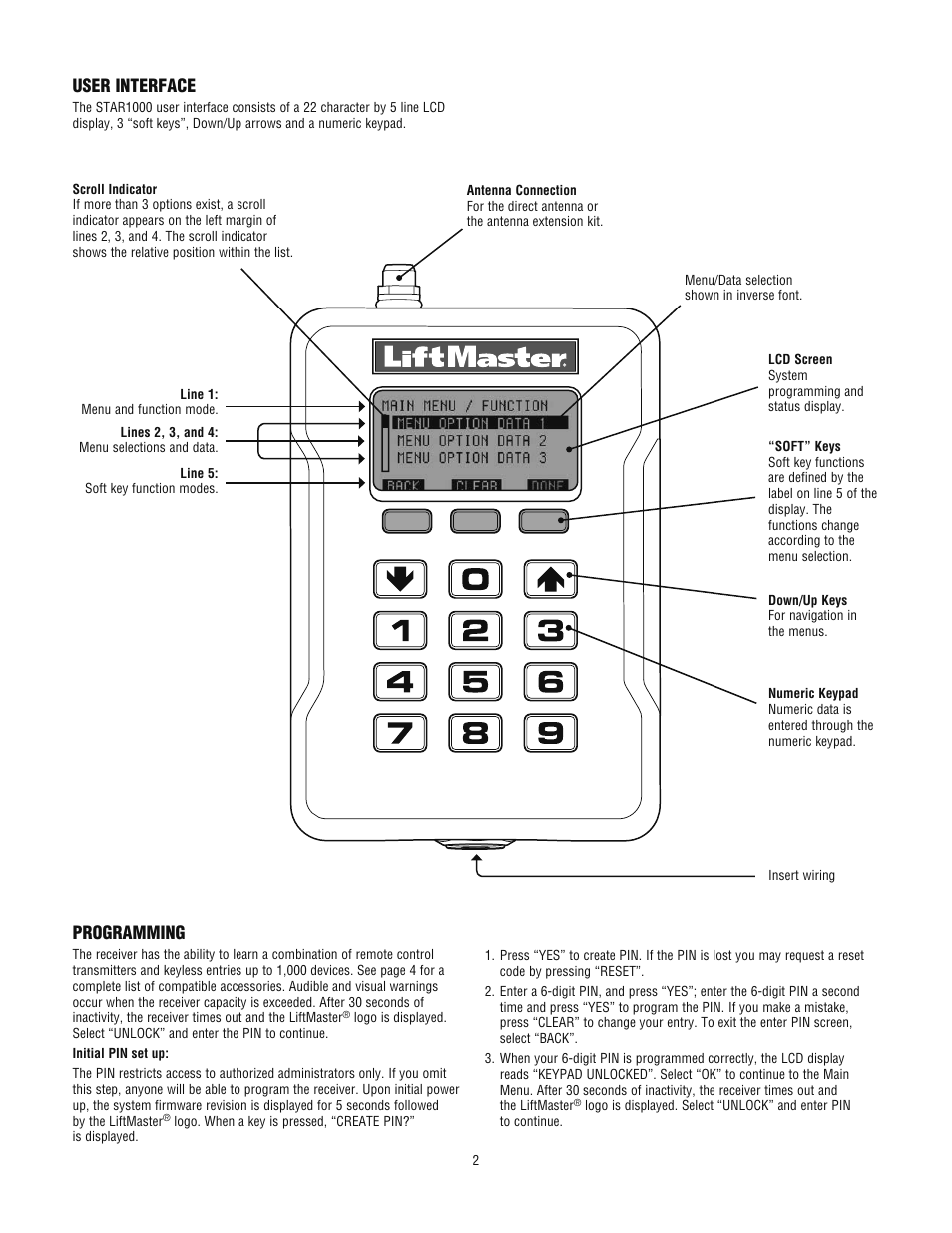 User interface, Programming | LiftMaster STAR1000 Commercial Access Control  Receiver User Manual | Page 2 / 12 | Original mode