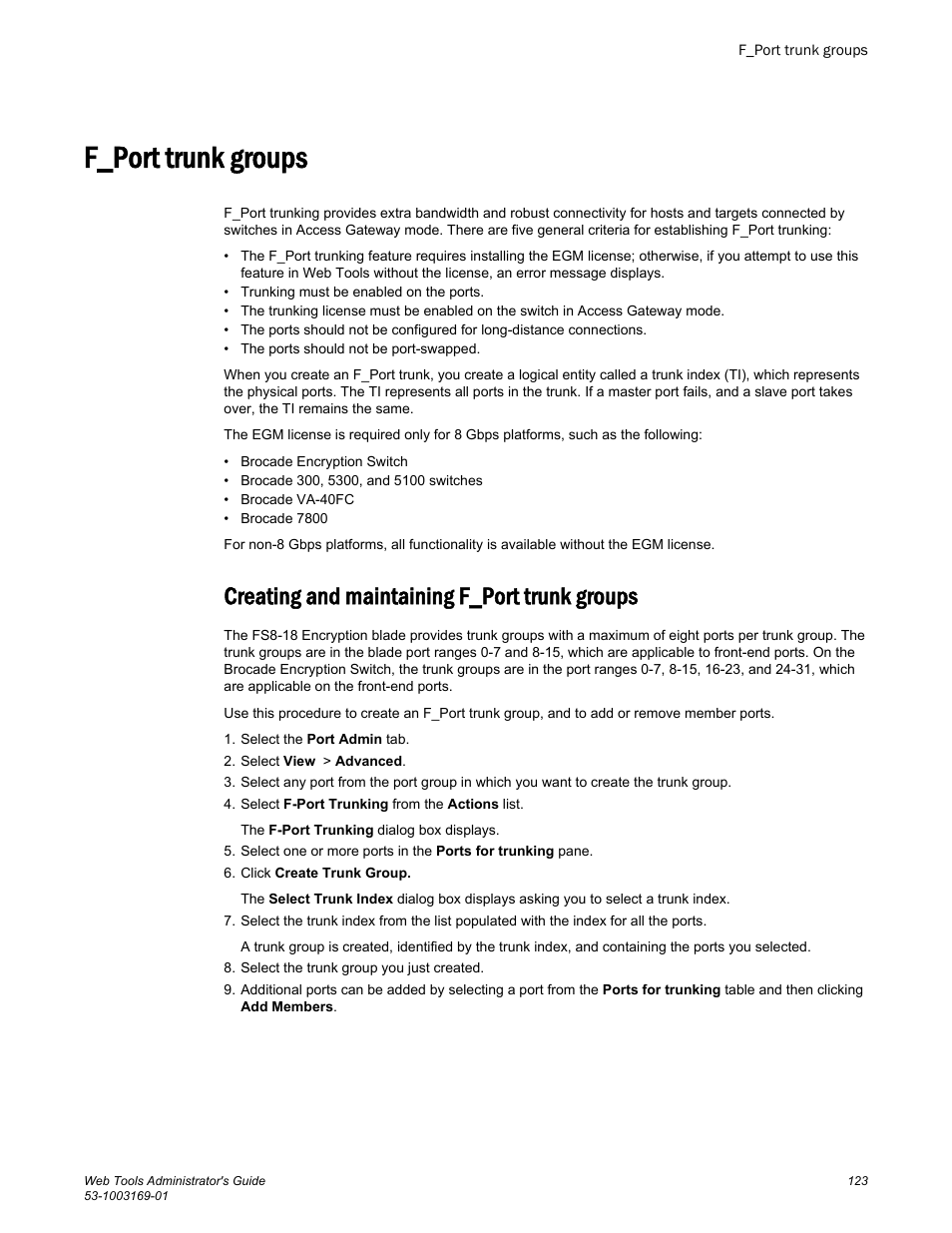 F_port trunk groups, Creating and maintaining f_port trunk groups | Brocade  Web Tools Administrators Guide (Supporting Fabric OS v7.3.0) User Manual |  Page 123 / 274
