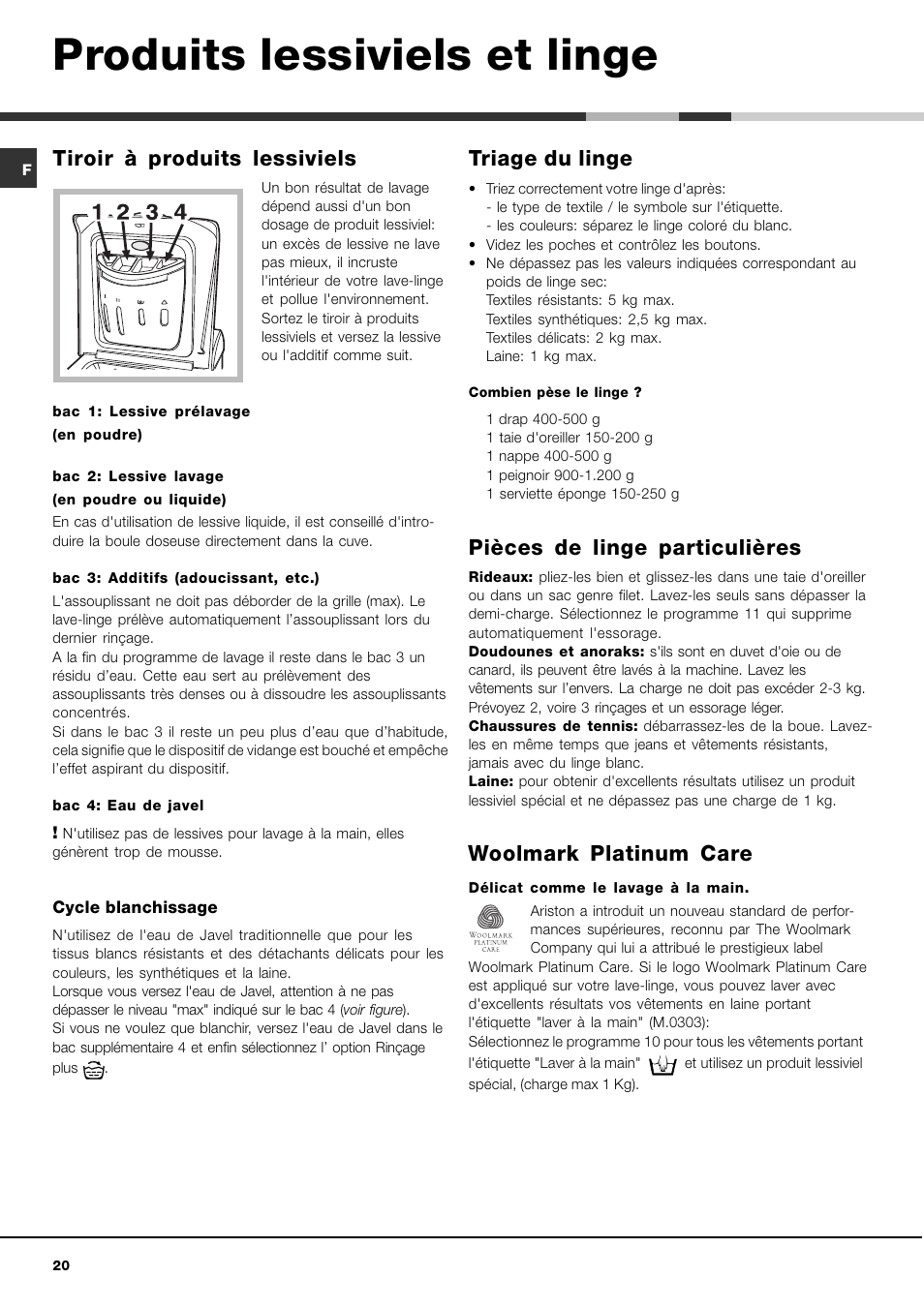 Produits lessiviels et linge, Tiroir à produits lessiviels, Triage du linge  | Hotpoint Ariston AVTL 83 User Manual | Page 20 / 72 | Original mode
