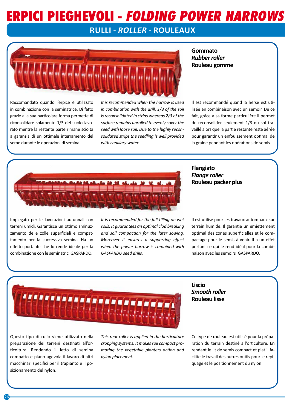 Folding power harrows, Erpici pieghevoli, Herses rotatives pliables |  Maschio Gaspardo AQUILA RAPIDO PLUS User Manual | Page 26 / 28 | Original  mode