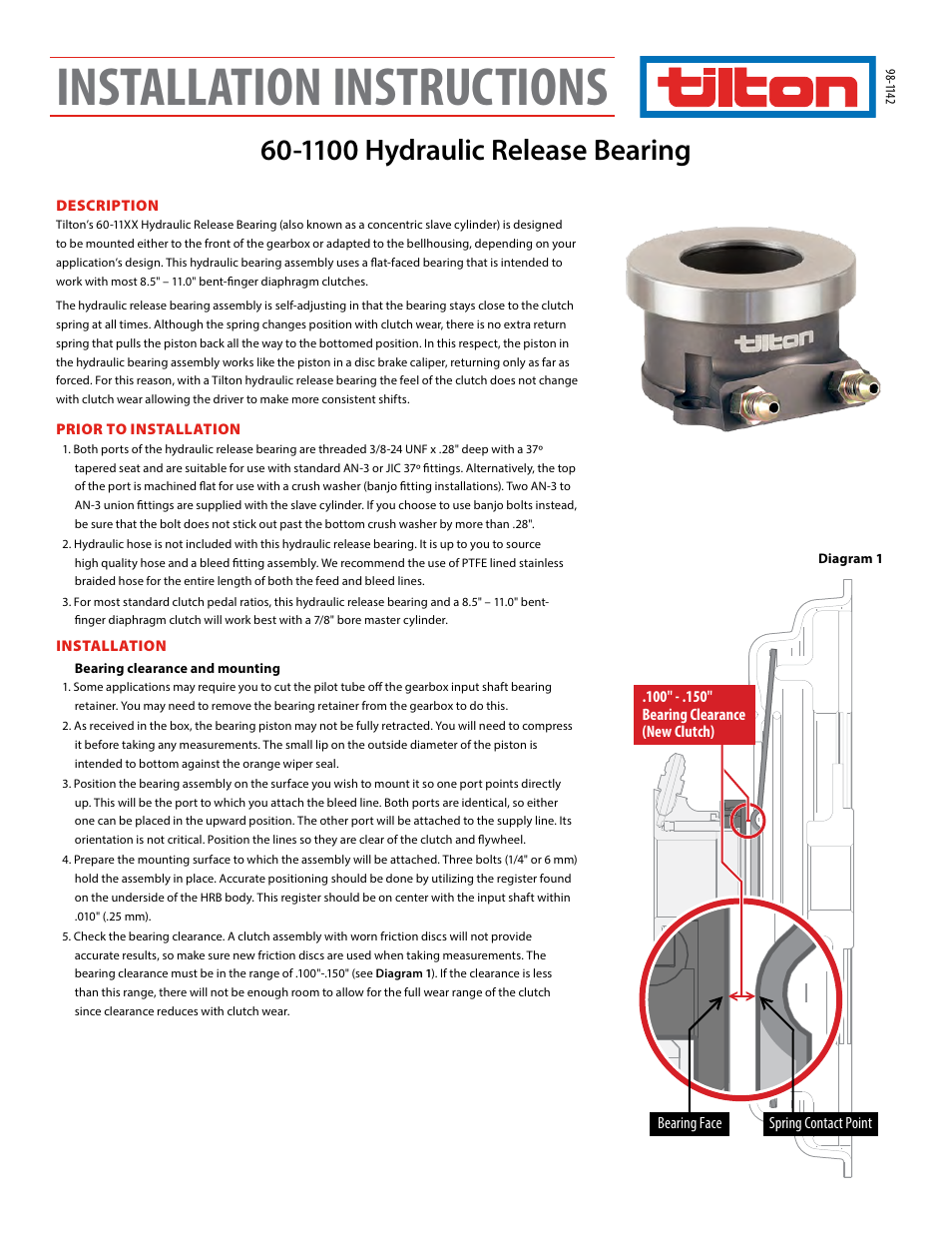 Tilton 11XX Hydraulic Release Bearing (98-1142) User Manual | 4 pages ...