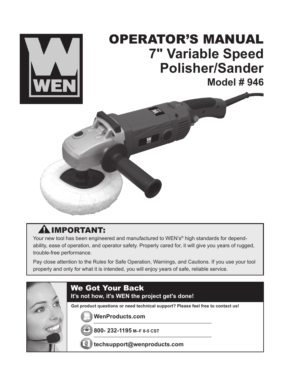WEN 946 7 Inch Variable Speed Polisher / Sander User Manual | 16 pages