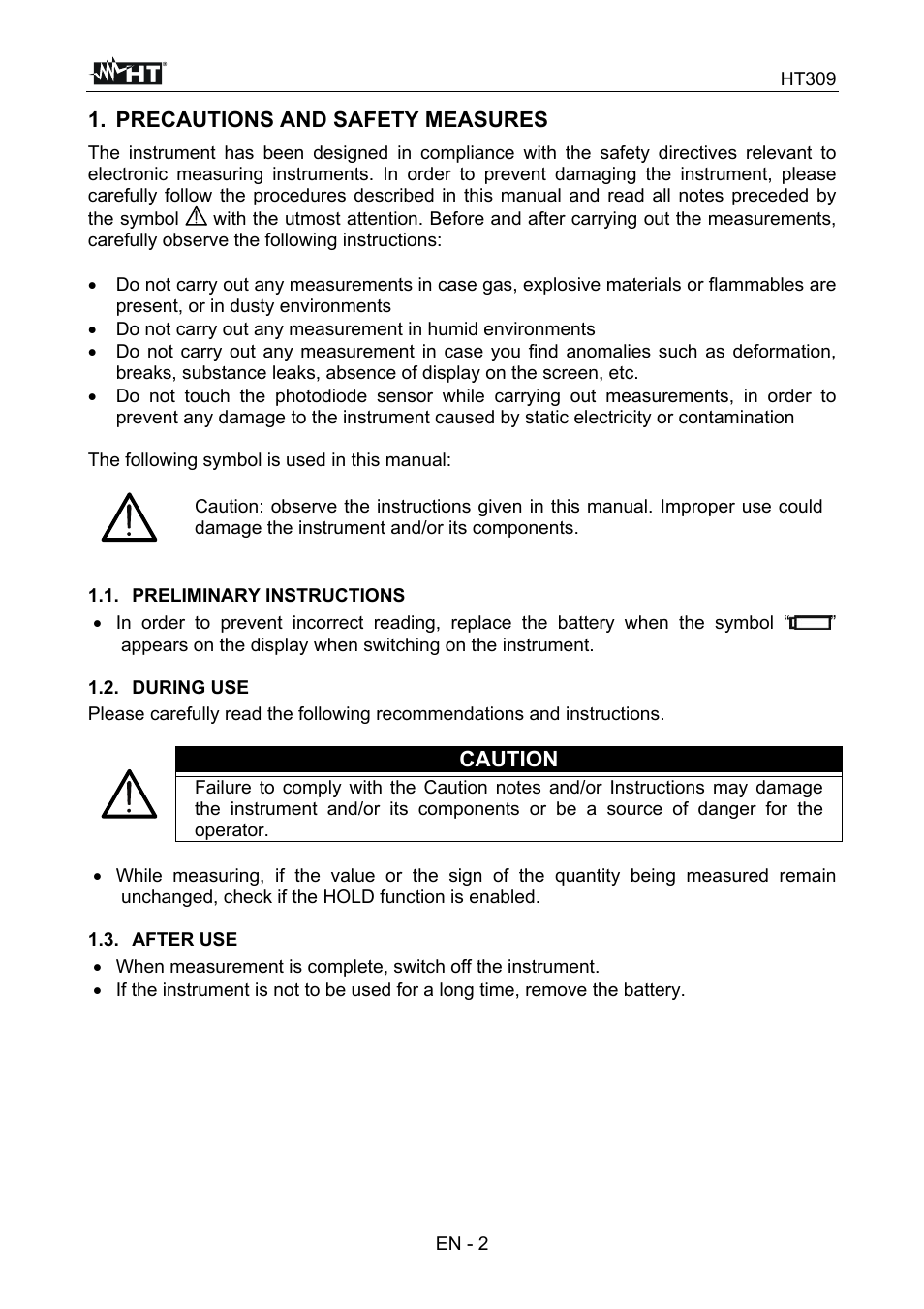 Precautions and safety measures, Caution | HT instruments HT309 User ...