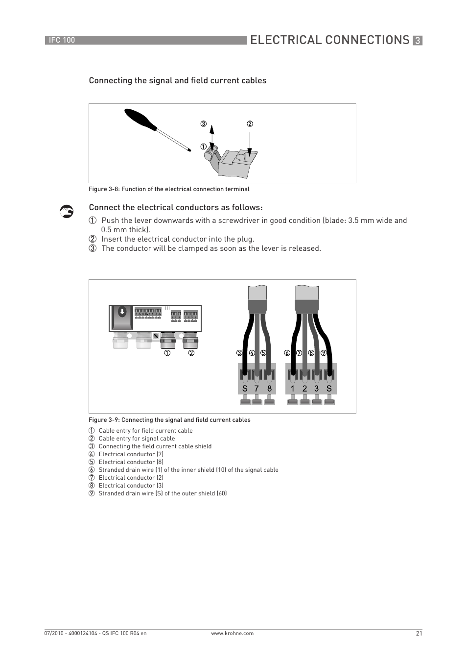 Electrical connections | KROHNE IFC 100 Converter Quickstart EN User Manual  | Page 21 / 32 | Original mode