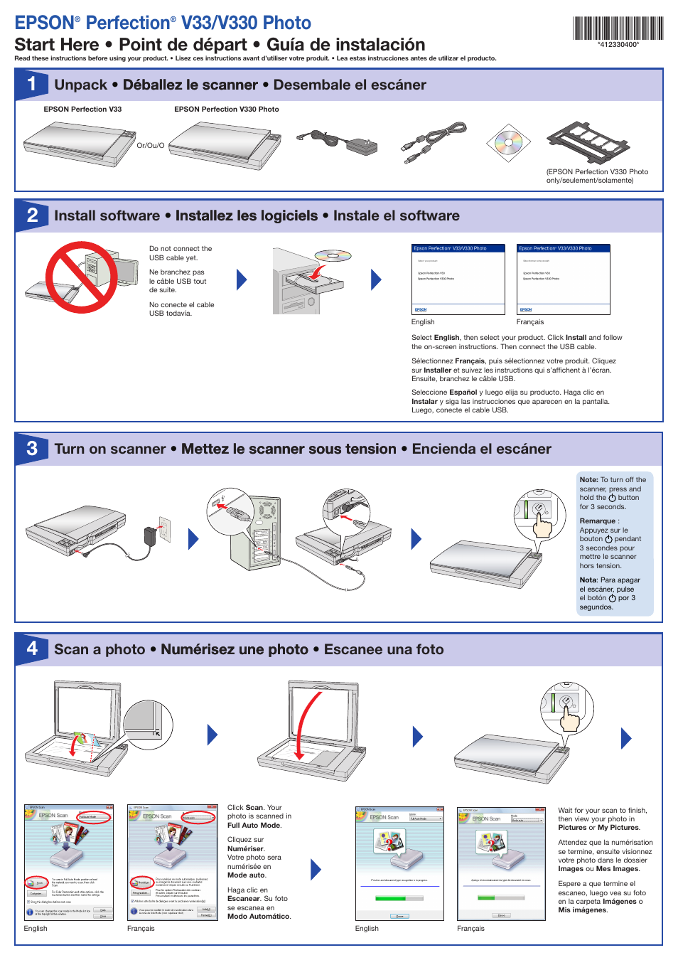 Epson Perfection V33 User Manual | 2 pages | Original mode | Also for:  Perfection V330 Photo