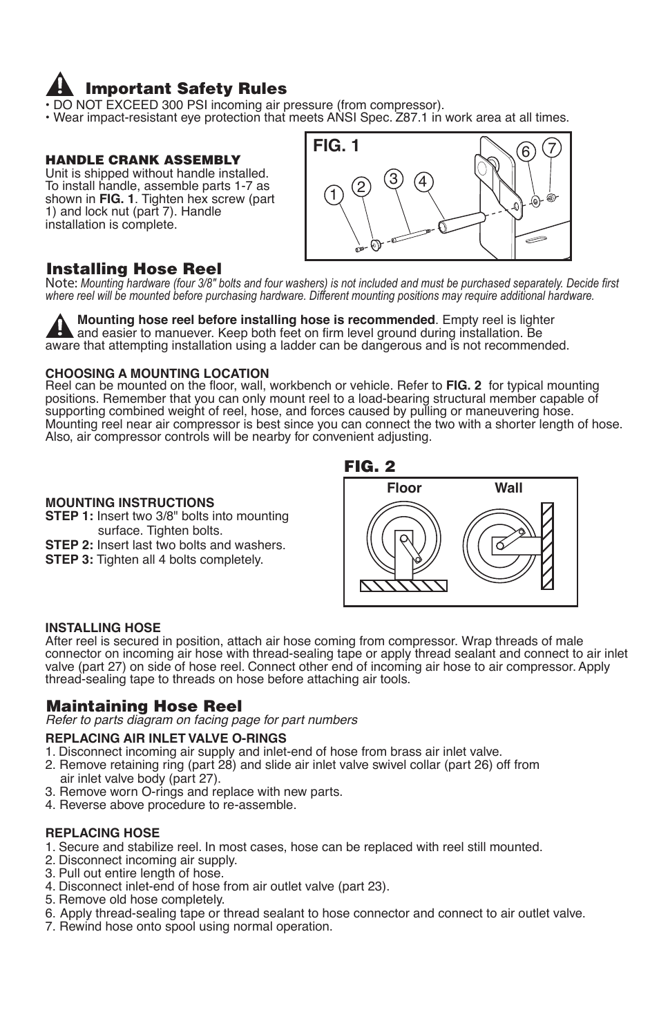 Fig. 1, Maintaining hose reel, Fig. 2, TEKTON 4685 - Hand Crank Air Hose  Reel (50 ft. Capacity) User Manual, Page 2 / 4