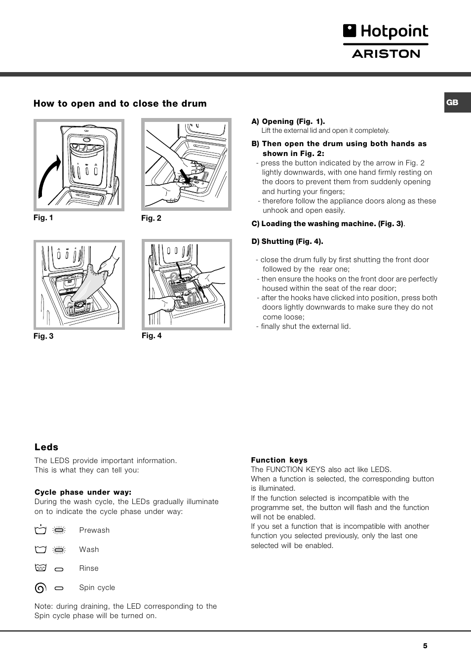 Leds, How to open and to close the drum | Hotpoint Ariston AVTL 104 User  Manual | Page 5 / 60 | Original mode