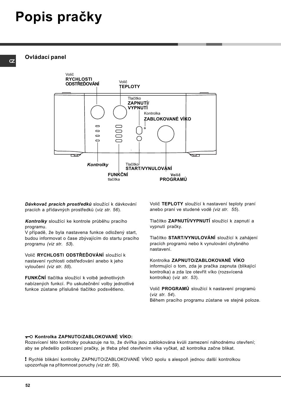 Popis praèky, Ovládací panel | Hotpoint Ariston AVTL 104 User Manual | Page  52 / 60 | Original mode