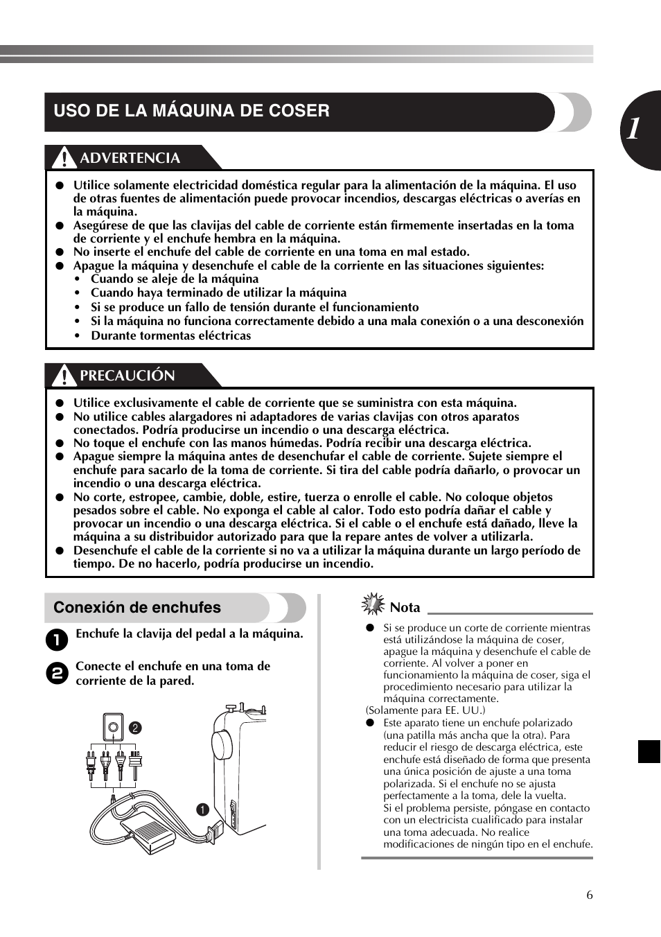 Uso de la máquina de coser, Conexión de enchufes, Advertencia precaución | Brother  LX2500 User Manual | Page 51 / 92 | Original mode