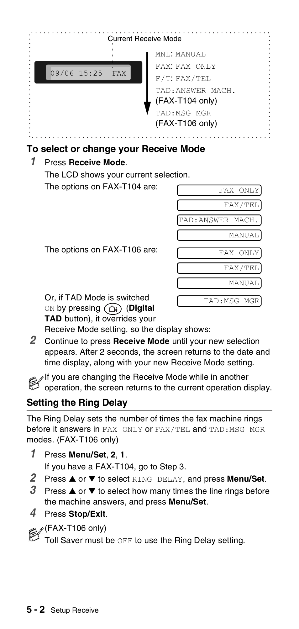 Setting the ring delay, Setting the ring delay -2 | Brother FAX-T106 User  Manual | Page 42 / 119
