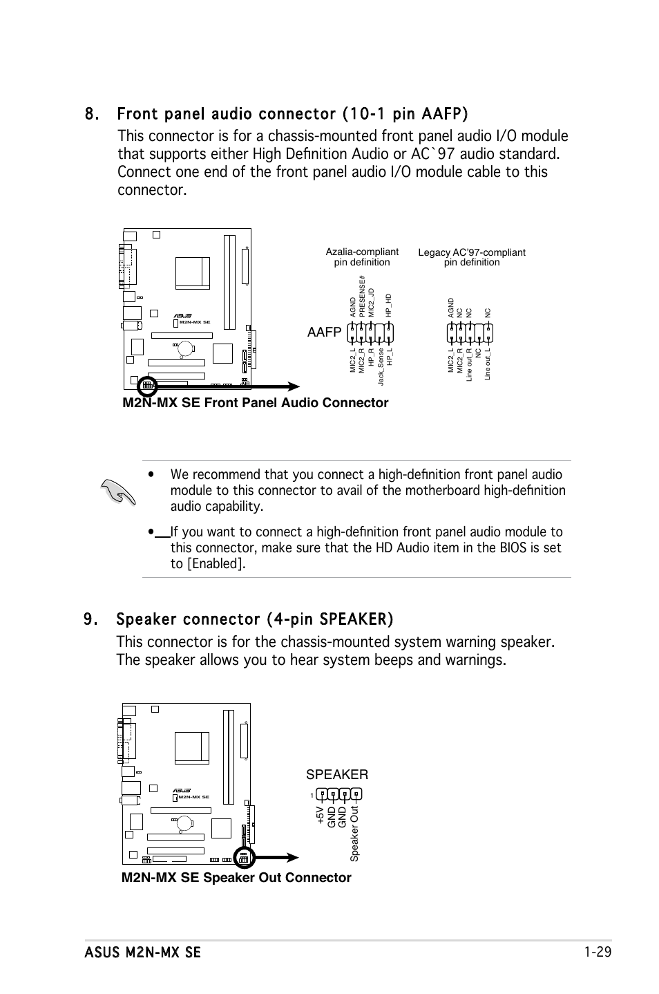 Asus m2n-mx se 1-29, M2n-mx se front panel audio connector, Aafp | Asus M2N-MX  SE User Manual | Page 39 / 88