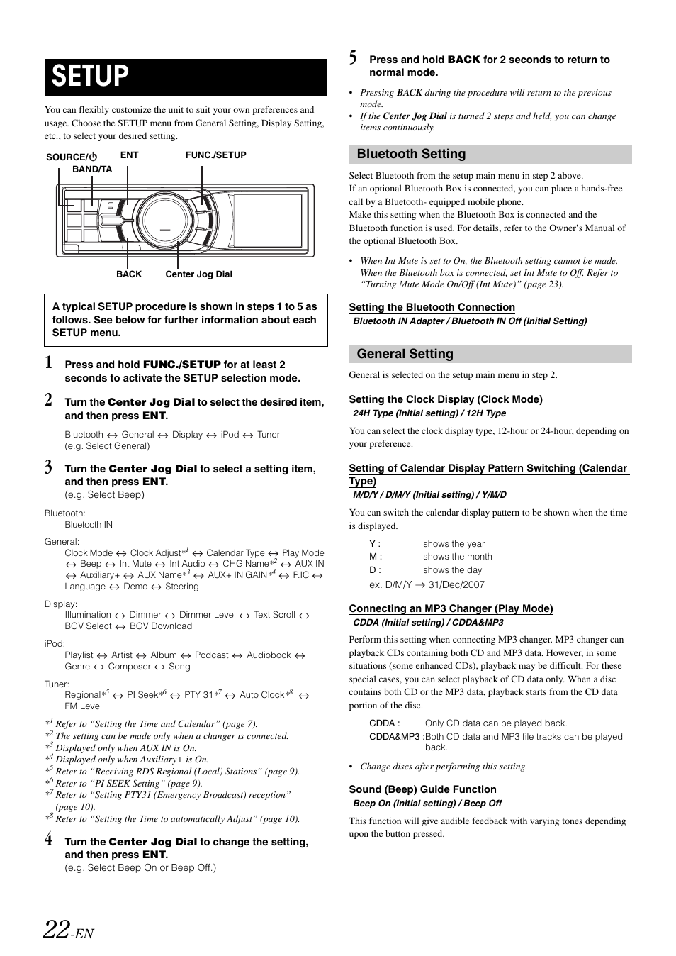 Setup, Bluetooth setting, General setting | Alpine iDA-X001 User Manual |  Page 24 / 35