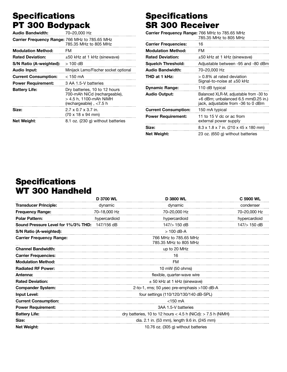 Specifications pt 300 bodypack, Specifications sr 300 receiver,  Specifications wt 300 handheld | AKG Acoustics WMS 300 User Manual | Page 2  / 3 | Original mode