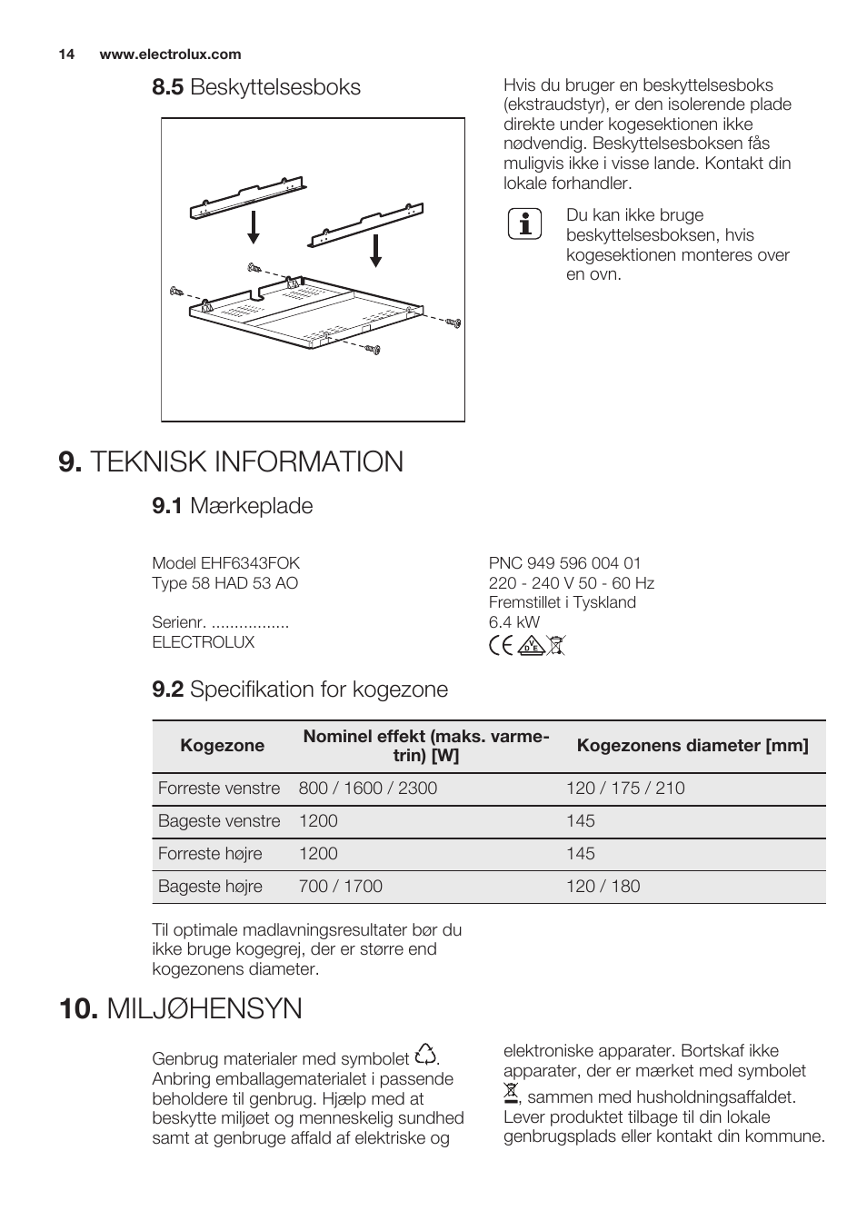 5 beskyttelsesboks, Teknisk information, 1 mærkeplade | Electrolux  EHF6343FOK User Manual | Page 14 / 60 | Original mode