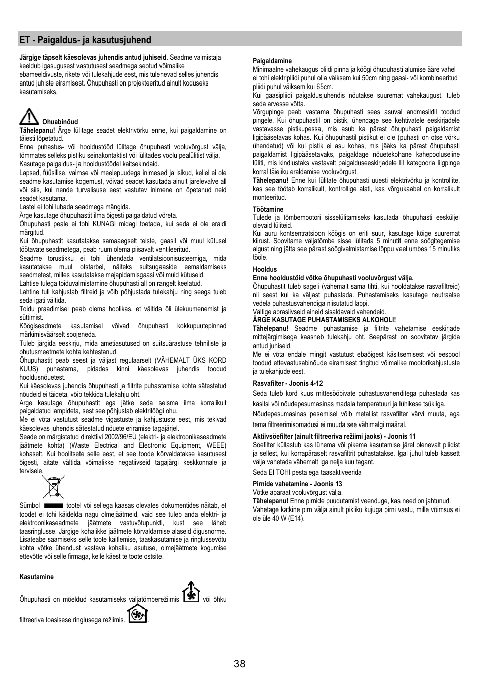 Et - paigaldus- ja kasutusjuhend | Electrolux EFP6440X User Manual | Page  38 / 44