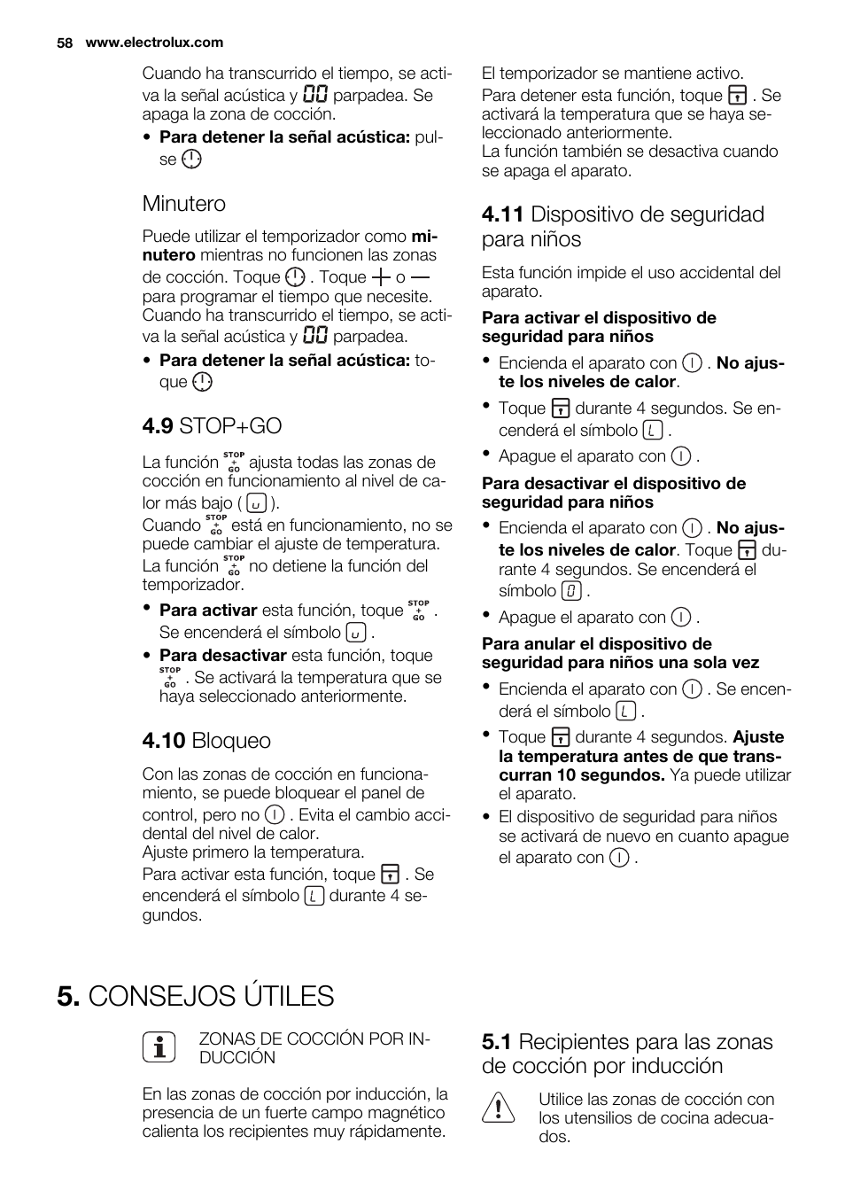 Consejos útiles, Minutero, 9 stop+go | Electrolux EHH6332FOK User Manual |  Page 58 / 68 | Original mode