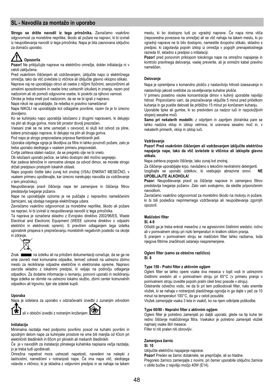 Sl - navodila za montažo in uporabo | Electrolux EFP60426X User Manual |  Page 48 / 68 | Original mode