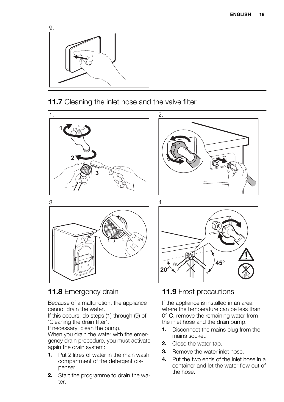 7 cleaning the inlet hose and the valve filter, 8 emergency drain, 9 frost  precautions | Electrolux EWF1476GDW User Manual | Page 19 / 48
