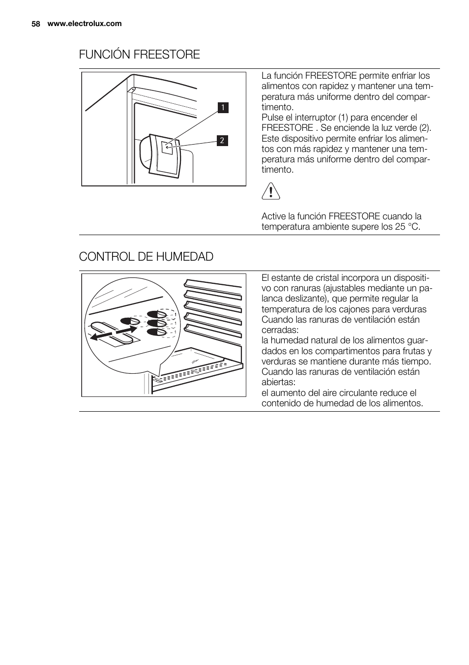 Función freestore, Control de humedad | Electrolux ENN2911AOW User Manual |  Page 58 / 76 | Original mode