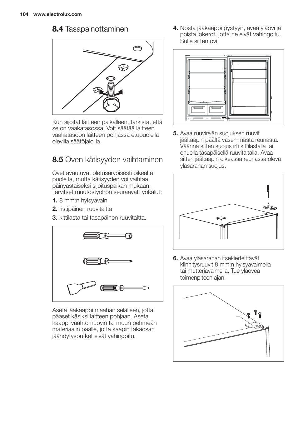 4 tasapainottaminen, 5 oven kätisyyden vaihtaminen | Electrolux EN2401AOX  User Manual | Page 104 / 128