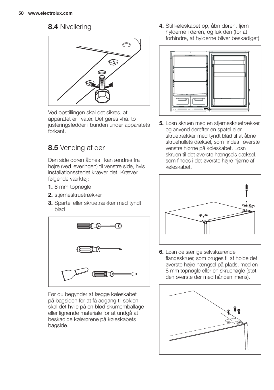 4 nivellering, 5 vending af dør | Electrolux EN2401AOX User Manual | Page  50 / 128