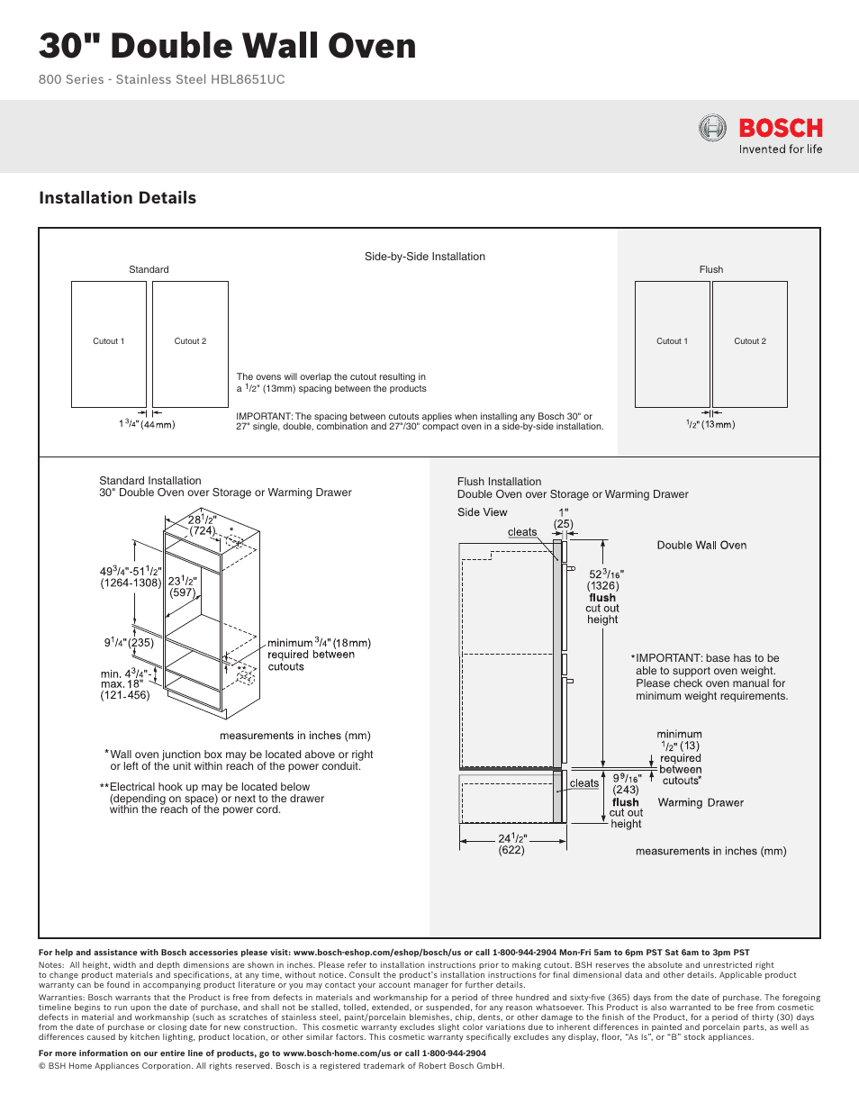 30" double wall oven, Installation details | Bosch HBL8651UC User Manual |  Page 3 / 3