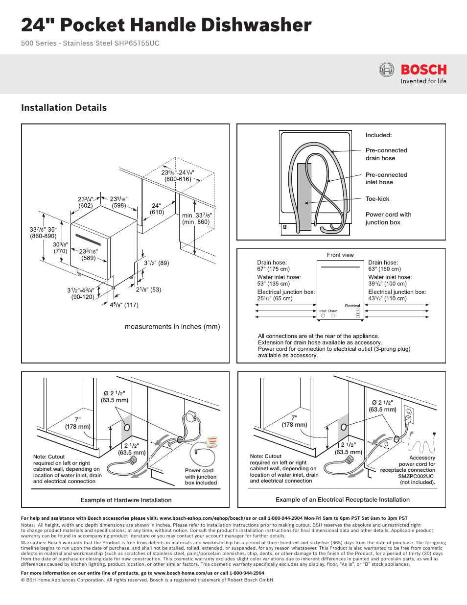 24" pocket handle dishwasher, Installation details | Bosch SHP65T55UC User  Manual | Page 2 / 3 | Original mode