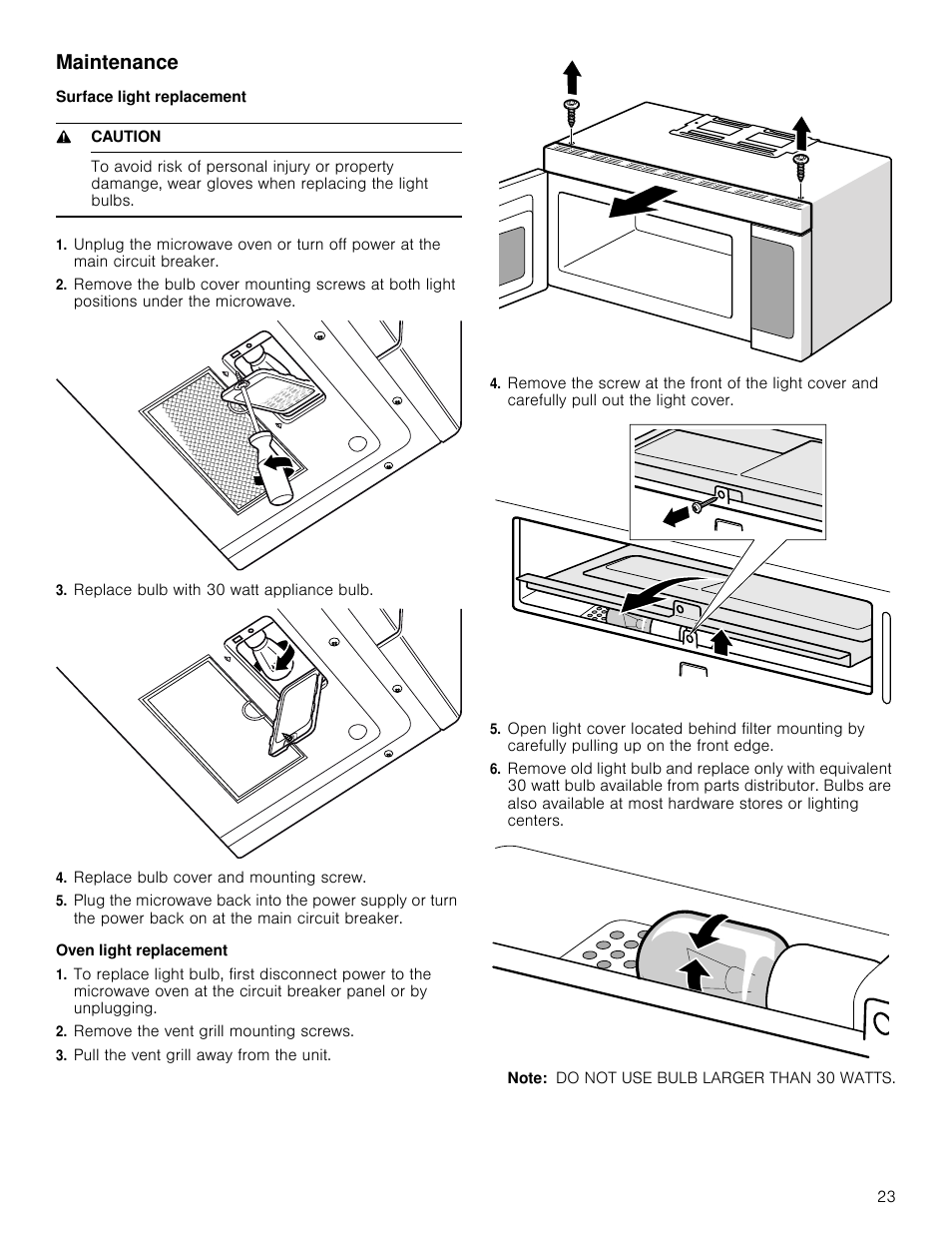 Maintenance, Surface light replacement, 9 caution | Bosch HMV8052U User  Manual | Page 23 / 60