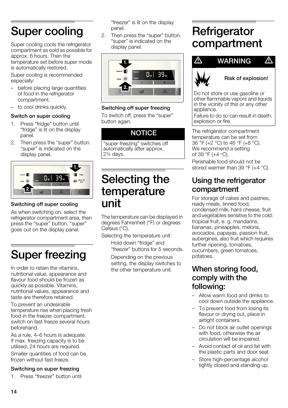 Super cooling, Super freezing, Selecting the temperature unit | Bosch  B22CS30SNS User Manual | Page 14 / 76