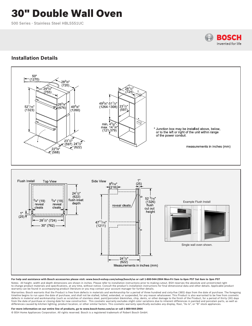 30" double wall oven, Installation details | Bosch HBL5551UC User Manual |  Page 2 / 3 | Original mode