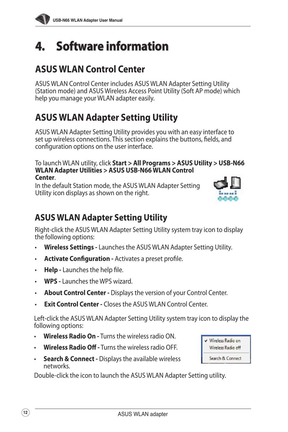 Software information, Asus wlan control center, Asus wlan card setting  utility | Asus USB-N66 User Manual | Page 12 / 35