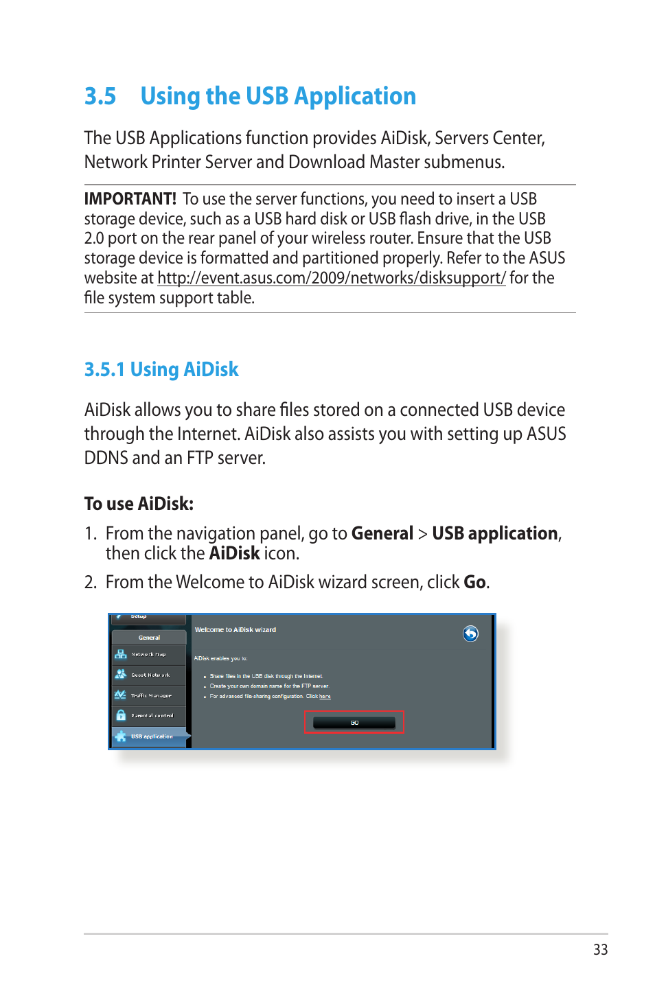 5 using the usb application, 1 using aidisk, Using the usb application |  Asus RT-AC68U User Manual | Page 33 / 129