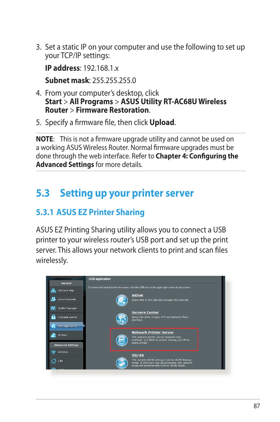 3 setting up your printer server, 1 asus ez printer sharing, Setting up  your printer server | Asus RT-AC68U User Manual | Page 87 / 129