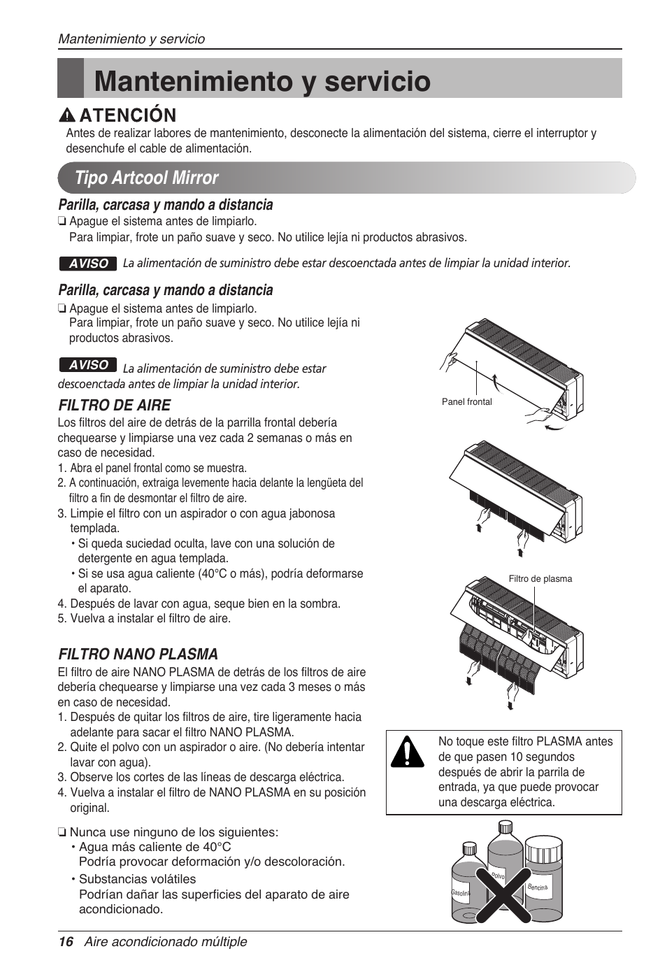 Mantenimiento y servicio, Tipo artcool mirror, Parilla, carcasa y mando a  distancia | LG MC12AHV User Manual | Page 56 / 211