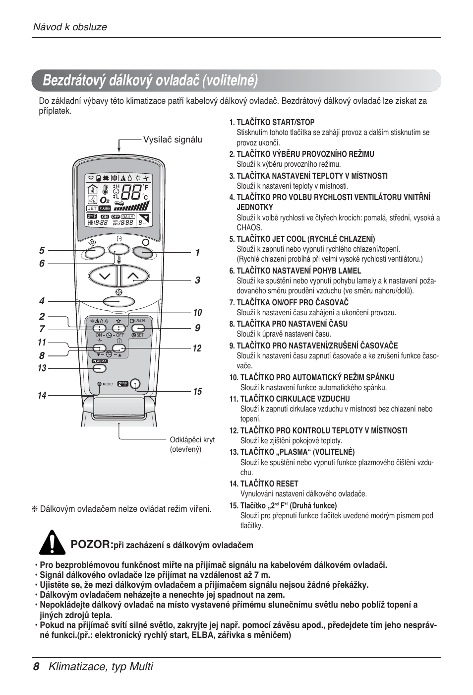 Bezdrátový dálkový ovladač (volitelné), 8 klimatizace, typ multi, Pozor | LG  MT12AH User Manual | Page 236 / 480
