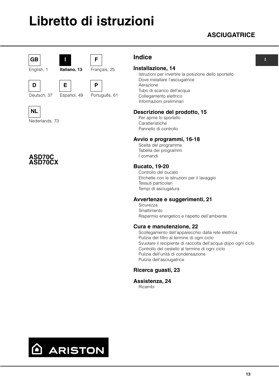 Libretto di istruzioni, Indice asciugatrice asd70c asd70cx | Ariston  ASD70CX User Manual | Page 13 / 84