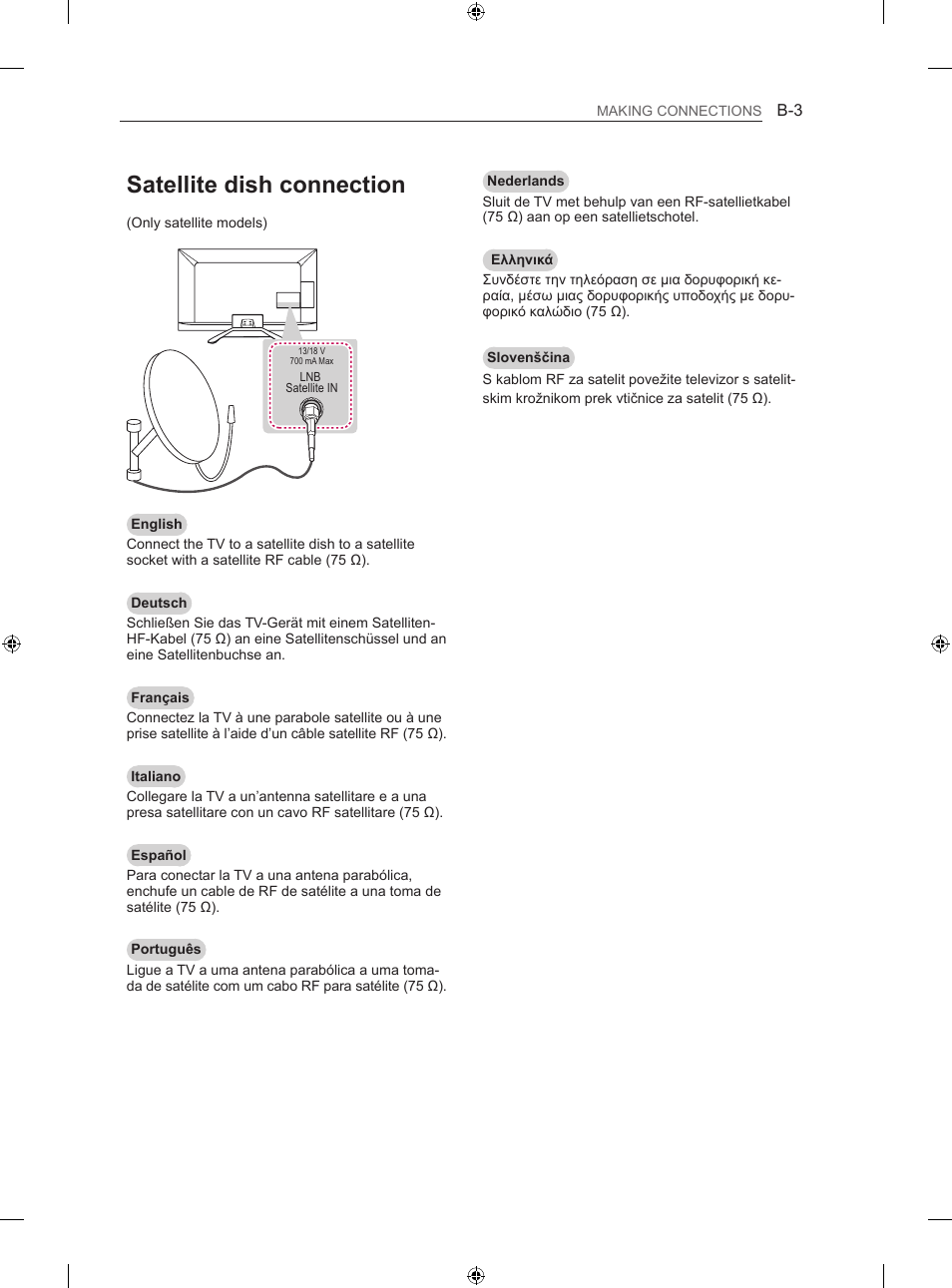 Satellite dish connection | LG 42LA620S User Manual | Page 287 / 328