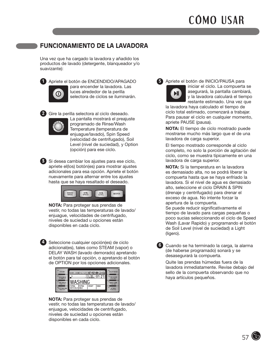 Funcionamiento de la lavadora | LG WM3001HRA User Manual | Page 57 / 72 |  Original mode