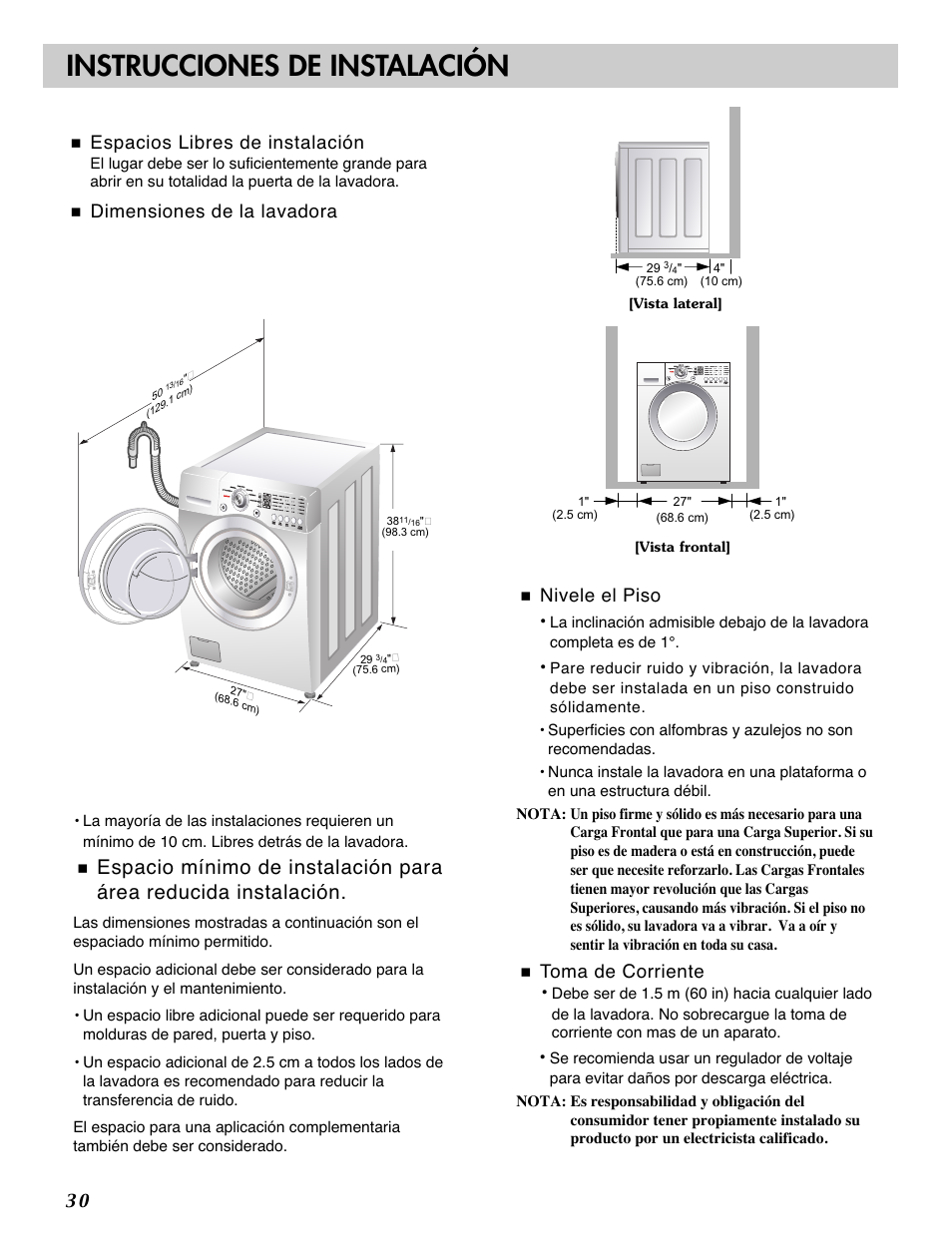 Instrucciones de instalación, Espacios libres de instalación, Dimensiones  de la lavadora | LG WM2101HW User Manual | Page 30 / 72 | Original mode