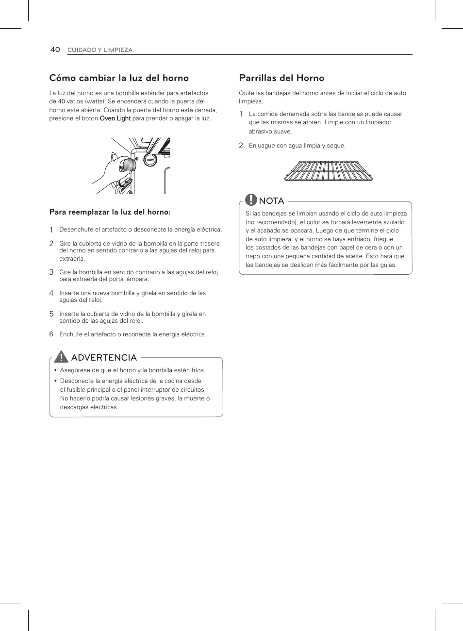 Cómo cambiar la luz del horno, Parrillas del horno, Nota | LG LRG3083ST  User Manual | Page 85 / 93 | Original mode