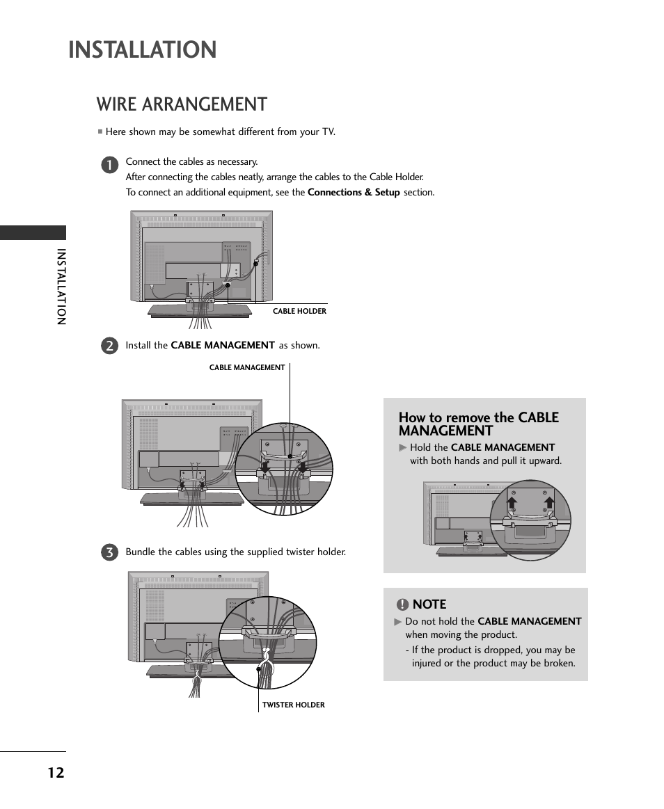 Installation, Wire arrangement, How to remove the cable management | LG  37LC2RR User Manual | Page 14 / 90 | Original mode