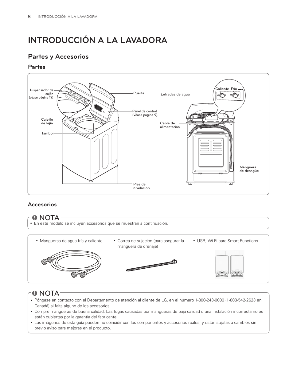 Introducción a la lavadora, Nota, Partes y accesorios | LG WT6001HVA User  Manual | Page 54 / 92 | Original mode