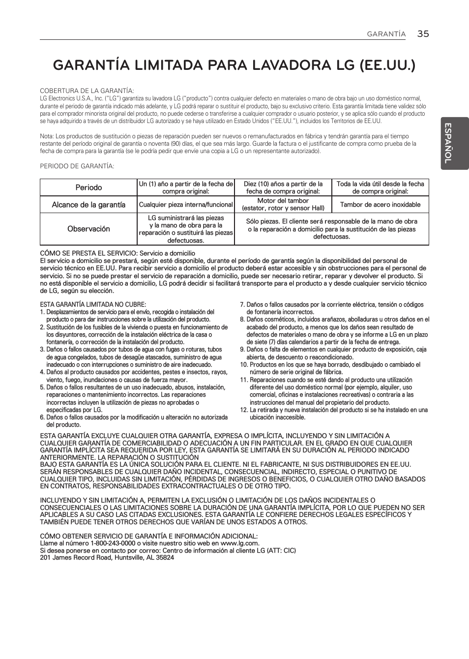 Garantía limitada para lavadora lg (ee.uu.), Esp añol | LG WT1001CW User  Manual | Page 71 / 72 | Original mode
