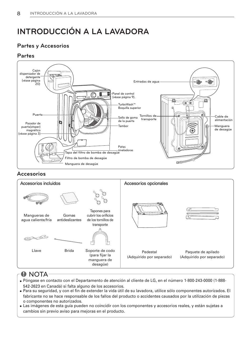 Introducción a la lavadora, Nota, Accesorios | LG WM3997HWA User Manual |  Page 48 / 80 | Original mode