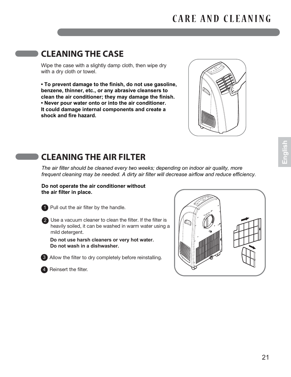 Cleaning the case, Cleaning the air filter | LG LP1013WNR User Manual |  Page 21 / 26