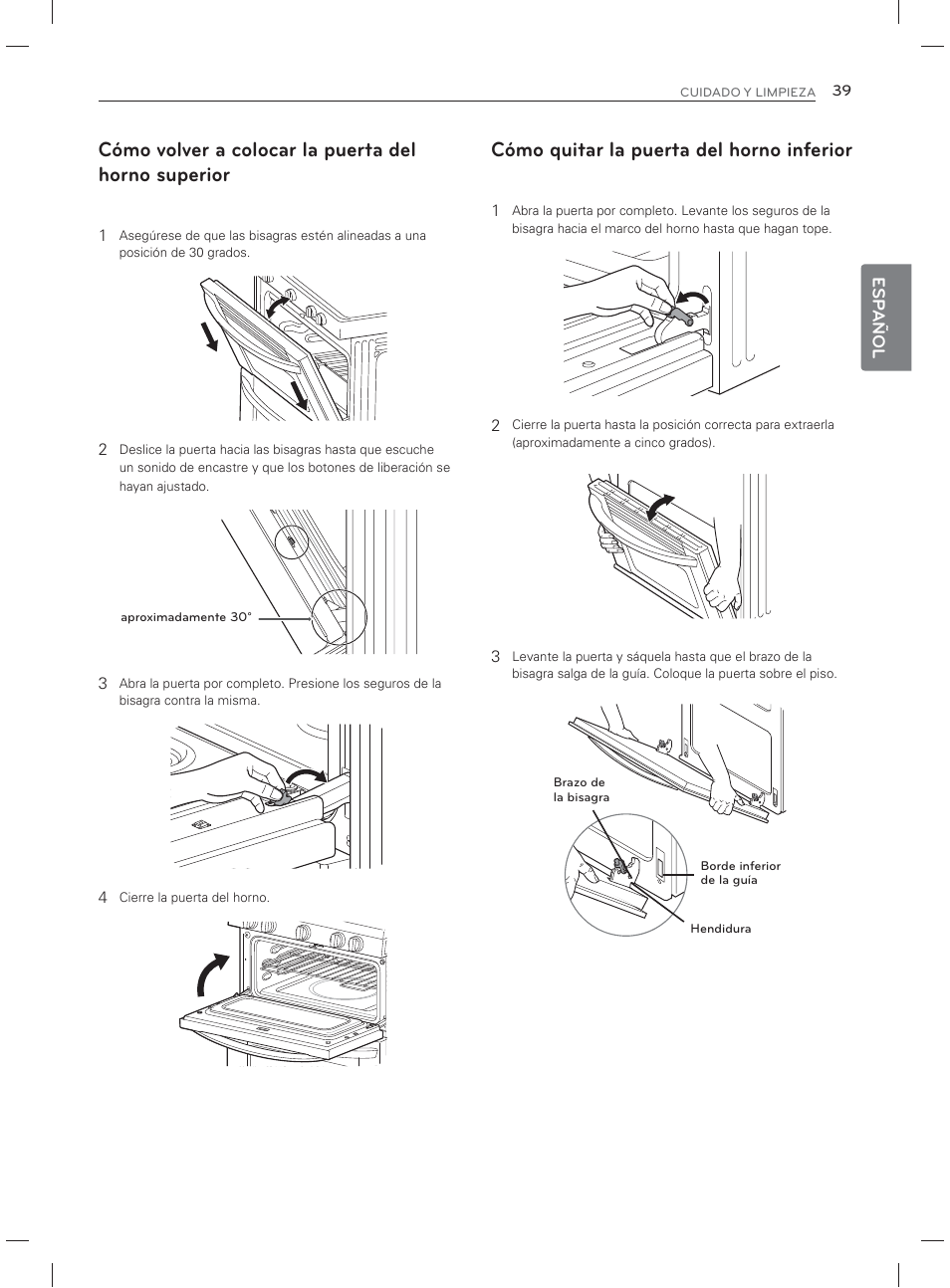 Cómo volver a colocar la puerta del horno superior, Cómo quitar la puerta  del horno inferior | LG LDG3017ST User Manual | Page 86 / 93 | Original mode