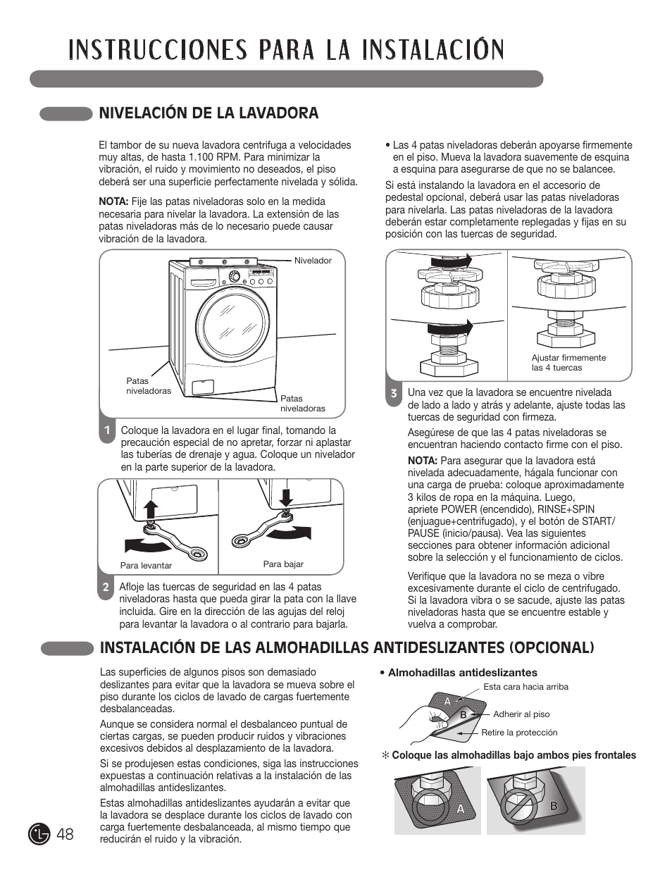 Nivelación de la lavadora | LG WM2050CW User Manual | Page 48 / 108 |  Original mode